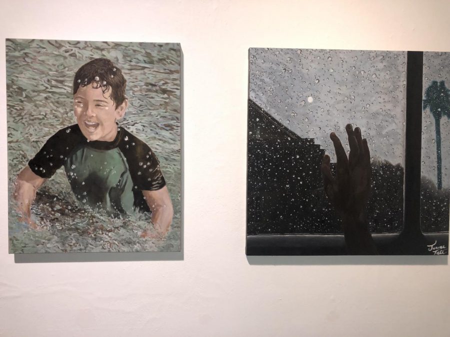 The work of two FCC art students,  “Joy” (left) by Leila Rofan and “The Essence of Beauty” (right) by Janine Tate.