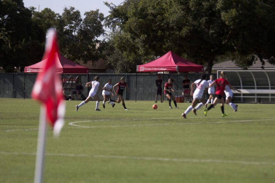 Austin Roberts handles the ball through two Las Positas defenders in the first half of the Rams Aug. 23, 2019 home opener against Las Positas. The Rams won the match 1-0 on a penalty kick early in the 2nd half.