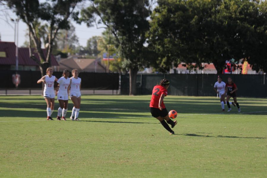 Freshman forward Itzel Rodriguez scores on a free kick in the 55th minute during the Rams' Aug. 23, 2019 match against Las Positas. The Rams came away with a 1-0 win in their first matchup of the season.