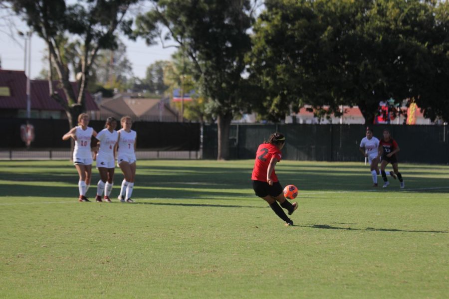 Freshman+forward+Itzel+Rodriguez+scores+on+a+free+kick+in+the+55th+minute+during+the+Rams+Aug.+23%2C+2019+match+against+Las+Positas.+The+Rams+came+away+with+a+1-0+win+in+their+first+matchup+of+the+season.