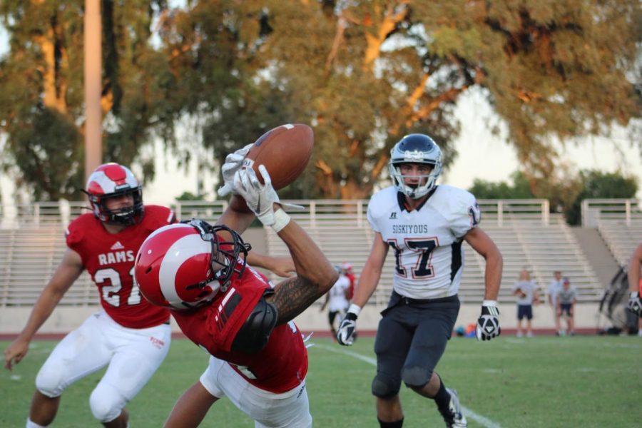 JJ Espinosa lays out to make a spectacular catch during the third quarter of the Rams 49-0 win over Siskiyous on Sept. 14, 2019.