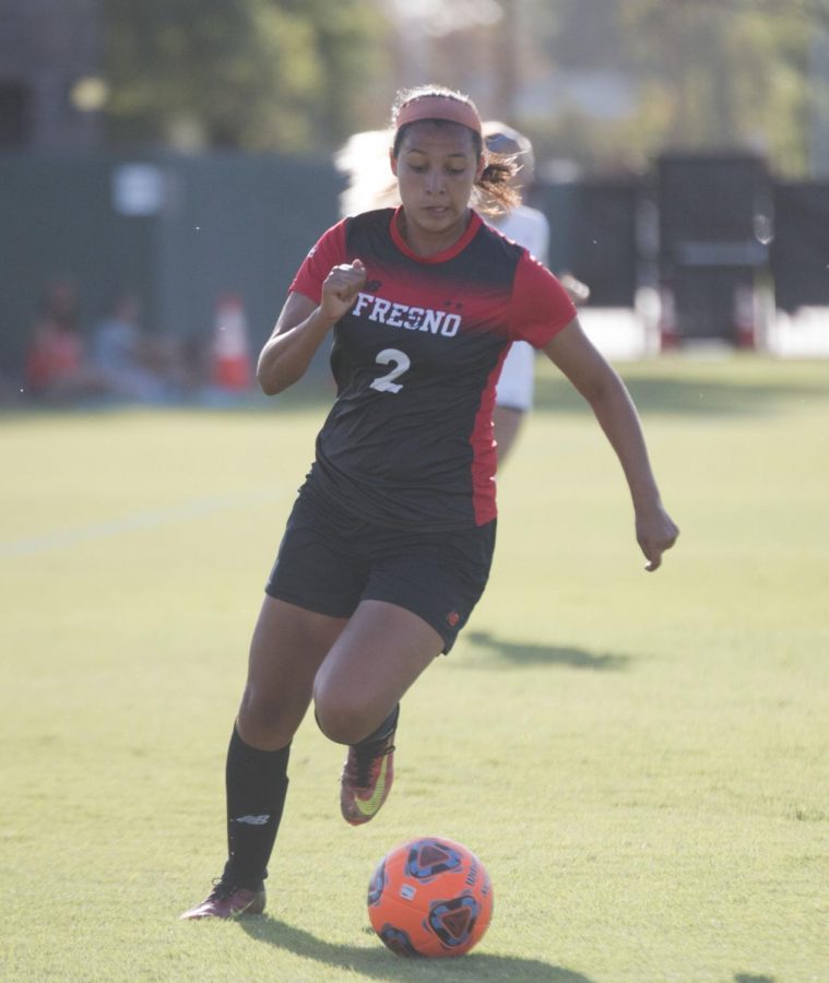 Rams Freshman forward Itzel Rodriguez directs the ball up the field during the Rams 1-0 win over Bakersfield College on Sept. 10, 2019.