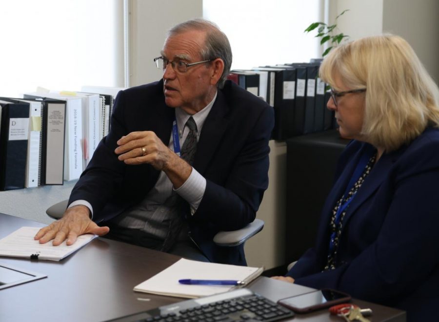 SCCCD District Chancellor Paul Parnell, left, and Vice Chancellor of Finance and Administration Cheryl Sullivan, right, sit down with Rampage reporters to discuss the status of the Fresno City College community after the privatization of the bookstore on Sept. 20, 2019.