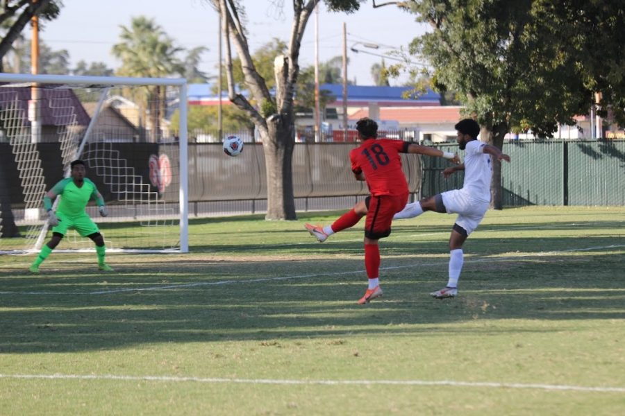 Freshman midfielder Sebastian Caballero fires one towards the net during the Rams narrow 3-2 win over the Modesto Junior College Pirates on Oct. 15, 2019. The win marked the Rams seventh straight victory.
