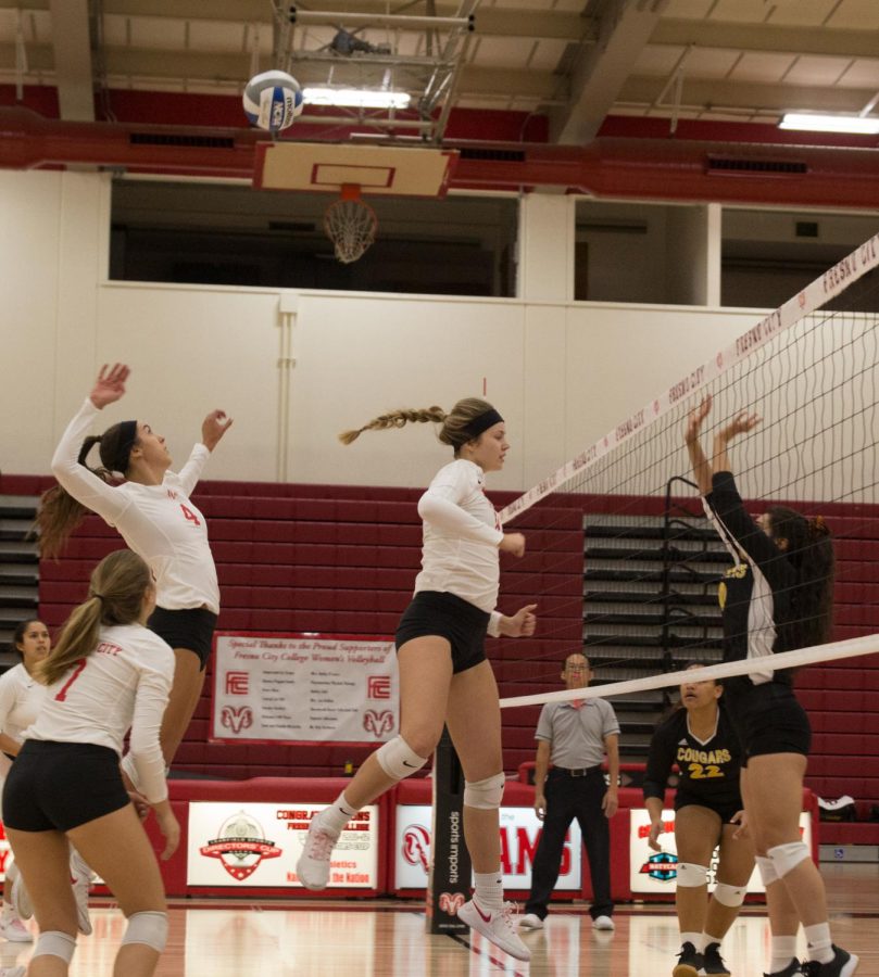 Sophomore pin hitter Julie Castleman (#4) goes up for the kill during the Rams 3-0 set sweep over the Taft College Cougars on Friday, Oct. 18, 2019. 