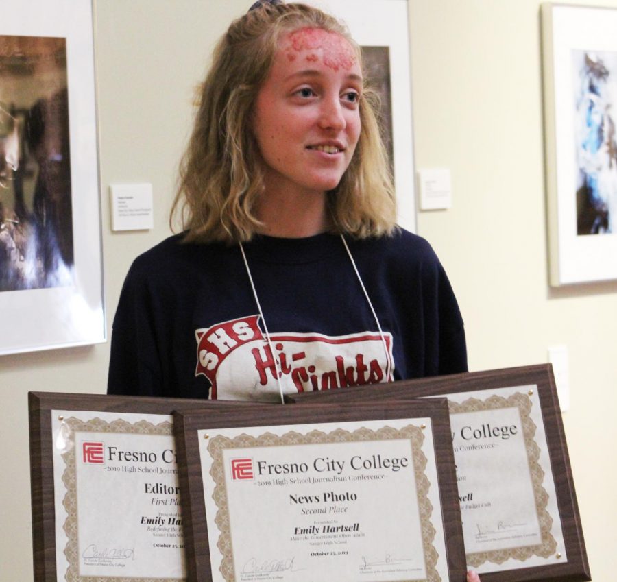 Emily Hartsell takes home three writing awards from the 2019 High School Journalism Day conference. Emily won first place for editorial writing, second place for news story, and an honorable mention for the feature writing category. This was the first year awards were given based on submitted work from high school students. 