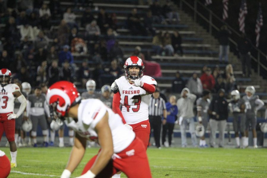 Freshman Linebacker Keenan Wolf scans the offense prior to the snap during the Rams win over conference rival Modesto Junior College on Saturday, Nov. 2, 2019