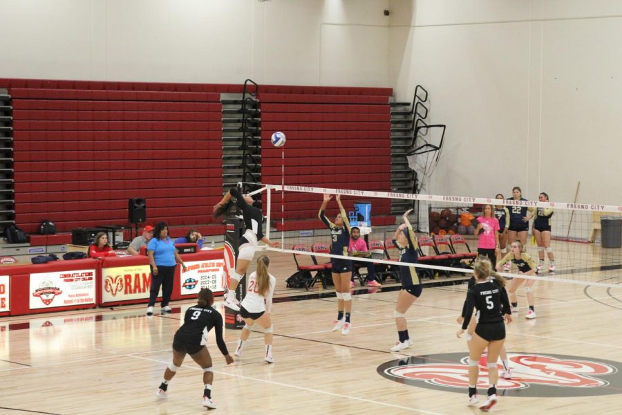 Sophomore pin hitter Marina Gonzalez goes up for the kill against the West Hills  Lemoore Golden Eagles during their 3-0 set win on Friday Oct. 25, 2019. The win marked the 123rd consecutive conference victory for the Rams