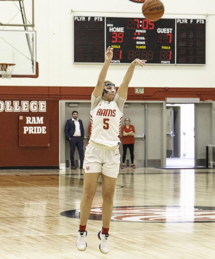 Sophomore+guard+Jordyn+Brown+puts+up+a+three+during+the+Rams+game+against+Porterville+College+on+Saturday%2C+Jan.+18%2C+2020.+Brown+finished+the+night+leading+all+scorers+with+33+points%2C+going+six+for+seven+from+three-point+range.