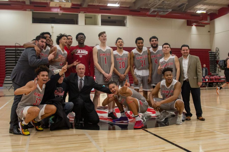 Mens+basketball+head+coach+Ed+Madec+celebrates+the+Rams+win+over+Reedley+College+on+Wednesday%2C+Feb.+19.+The+win+left+the+Rams+one+away+from+an+undefeated+mark+in+conference+play+for+the+second+consecutive+year.+Their+final+win+against+Mercerd+college+was+credited+to+Madec%2C+rounding+out+another+undefeated+conference+season.