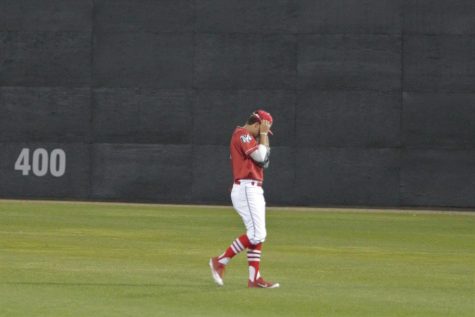 Rams freshman outfielder Cole Brincefield heads back to his position in right field following a run scoring single by the Sacramento City College Panthers on Feb. 14, 2020. The run was one of three runs scored in the second inning, paired with two runs coming off an error.