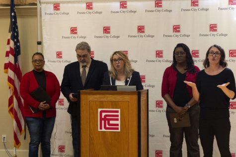 FCC President Carole Goldsmith addresses the faculty and student body in an emergency press conference regarding the cancellation of in-person classes on Friday, March 13.