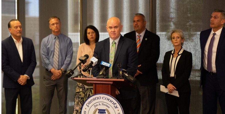 (from left to right) Fresno County Superintendent of Schools Jim Yovino, Superintendent of Kings Canyon John Campbell, Superintendent of Sanger Unified Adela Jones (center) Superintendent of Fresno Unified Bob Nelson, Superintendent of Central Unified Andy Alvarado, Superintenent of Clovis Unified Eimear O’Farrel, Assistant Superintendent Hank Gutierrez. These seven individuals are following the lead of Gov. Gavin Newsom as they present the plans for their districts at the  Fresno County Office of Education on Thursday, March 12.