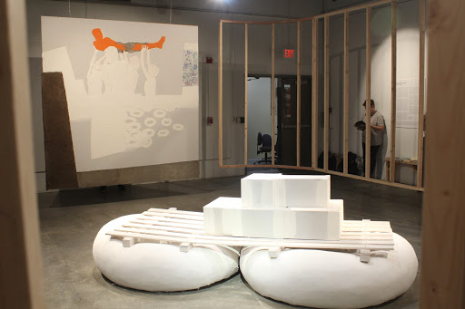 Caleb Duartes sculpture and drawing derived from the scene in his video Walking the Beast, Thursday, March 5.