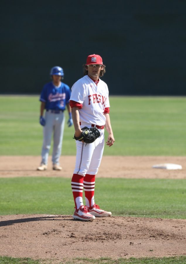 Marcelo Saldana stares down a Falcons batter during the Rams 16-3 win over West Hills Coalinga on Feb. 29, 2020.  Saldana recorded seven strikeouts while allowing five hits through five shutout innings.
