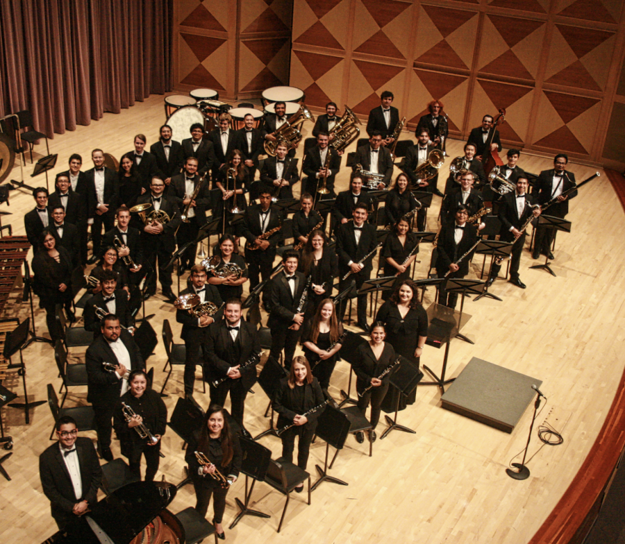 The FCC Wind Ensemble poses for a shot at the Shaghoian Performing Arts Center in October 2019. Photo courtesy of Elisha Wilson