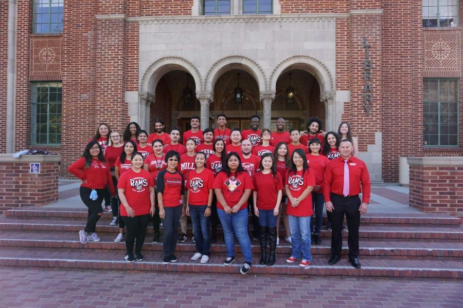 Student Activities staff and student workers pose in front of the Fresno City College library prior to the pandemic. 
Photo courtesy: Student Activities Facebook page. 