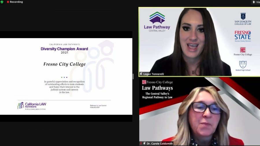 Fresno City College President Carole Goldsmith and Dean of San Joaquin College of Law, Logan Tennerelli accepted the Diversity Champion Award on Friday Feb. 19, 2021. Photo courtesy: California LAW Pathways Twitter page 