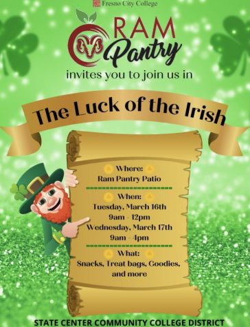 Flyer about FCC Ram Pantrys The Luck of the Irish event. Photo courtesy: FCCs Student Activities 