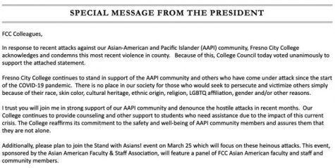 Fresno City Colleges President Carole Goldsmith has issued a statement regarding the increase of hate crimes against the Asian and Pacific Islander community. 