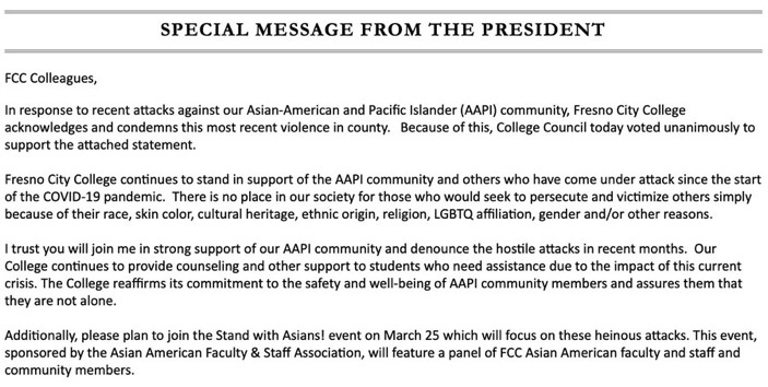 Fresno City Colleges President Carole Goldsmith has issued a statement regarding the increase of hate crimes against the Asian and Pacific Islander community. 