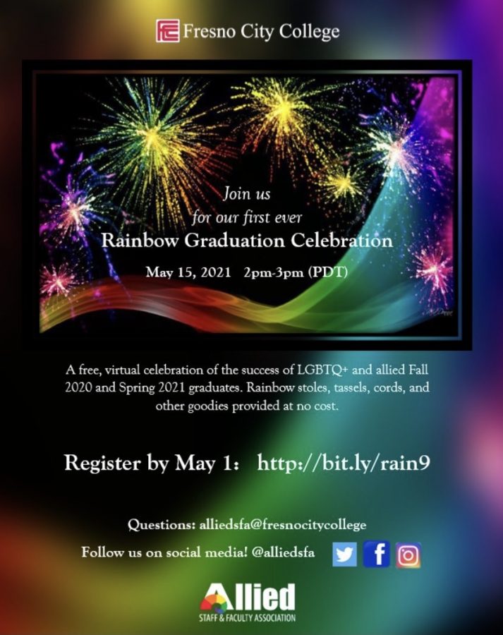Flyer detailing FCCs Rainbow Graduation Celebration hosted by  the Allied Staff & Faculty Association.  Flyer courtesy: AlliedSFAs Twitter Page