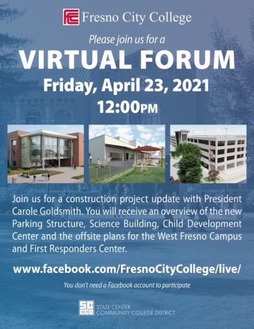 Flyer announcing Fresno City Colleges virtual forum to give updates on construction projects. 