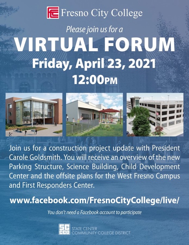 Flyer announcing Fresno City College's virtual forum to give updates on construction projects.