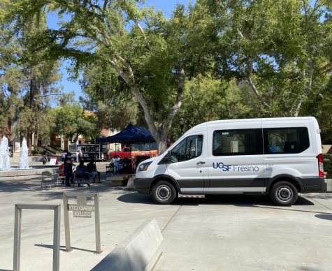 UCSF Fresnos mobile unit was parked near FCCs main fountain as staff administered vaccines to students on Tuesday Aug. 10. 