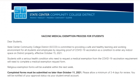 Screenshot of Sept. 16 email from the SCCCD notifying students of the process to obtain and submit medical exemption forms.