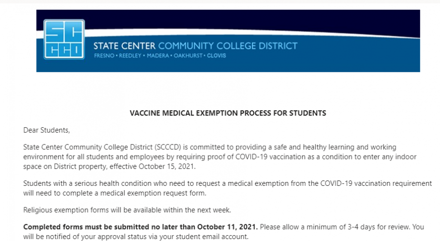 Screenshot of Sept. 16 email from the SCCCD notifying students of the process to obtain and submit medical exemption forms.