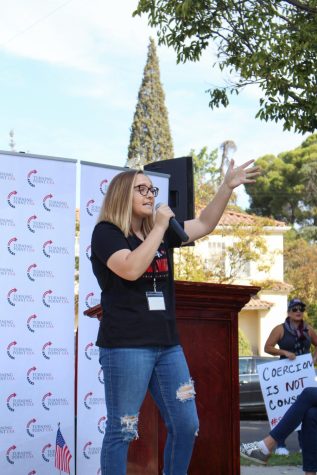 Addison Werth, Turning Point USA chapter president, speaking at the Ram Up Against Vaccine Mandate rally