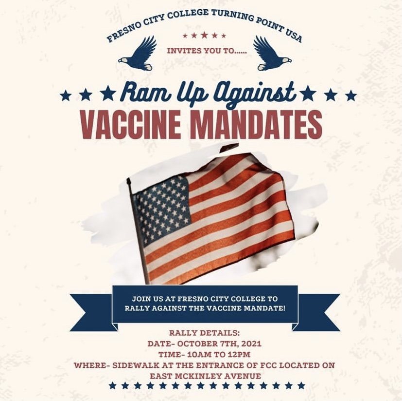 Flyer detailing Turning Point USAs Ram Up Against Vaccine Mandates rally on Oct. 7, 2021. Image / FCC Turning Point USAs Instagram page 