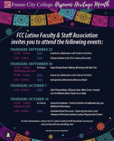 Flyer detailing events hosted by FCCs Latino Faculty and Staff Association during Hispanic Heritage Month. Image / LFSA Instagram page 