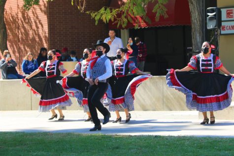 Some students of Fresno City College’s folklorico dance course performed during the Latino Faculty and Staff Association’s Cantarito Fundraiser on Oct. 14, 2021. 
