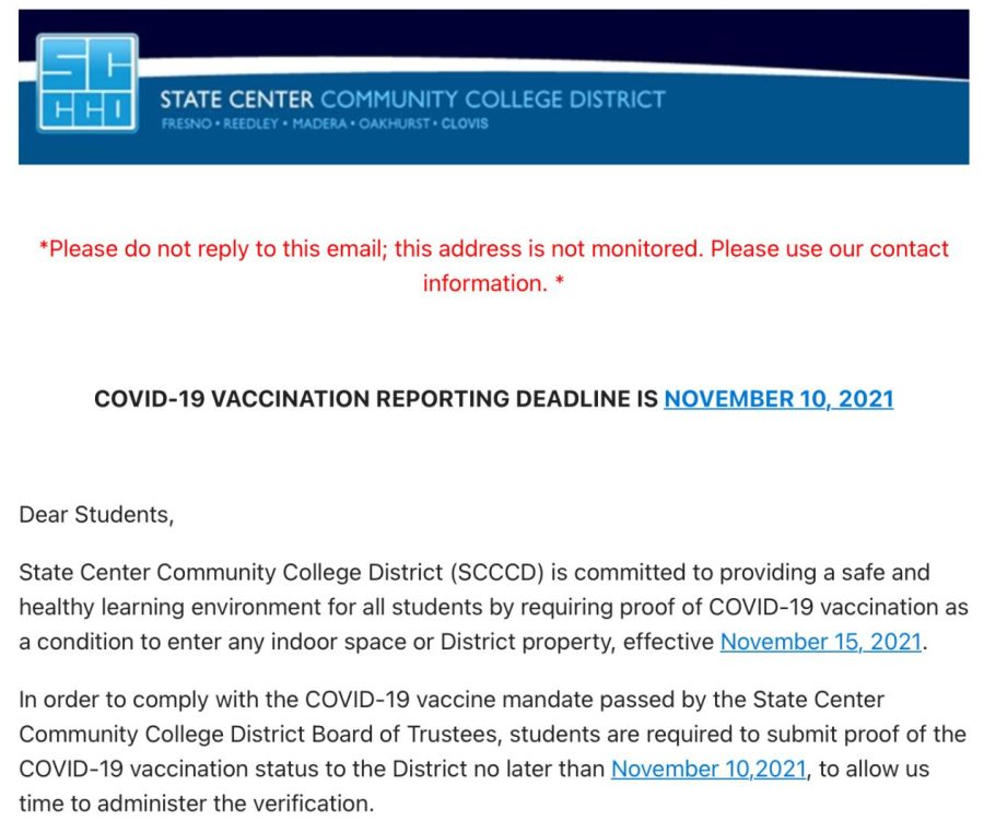 Screenshot of Nov. 2 email from the SCCCD notifying students of the Nov. 10 deadline to upload their vaccine status. 