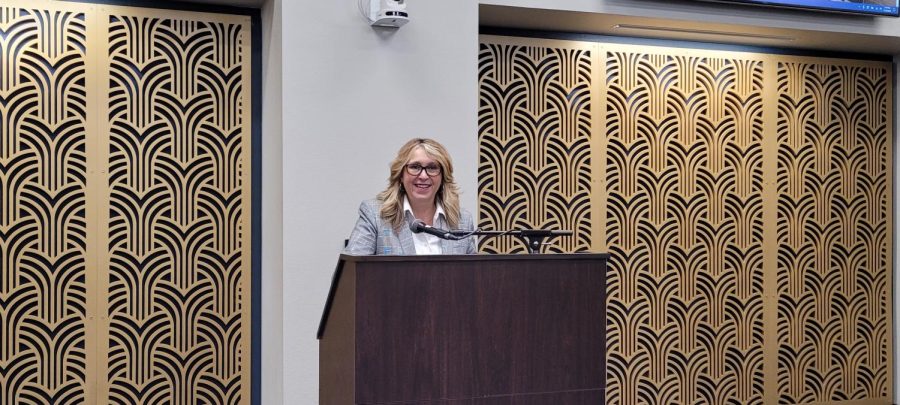 Carole Goldsmith at the board meeting where she was named chancellor of the State Center Community College District. 