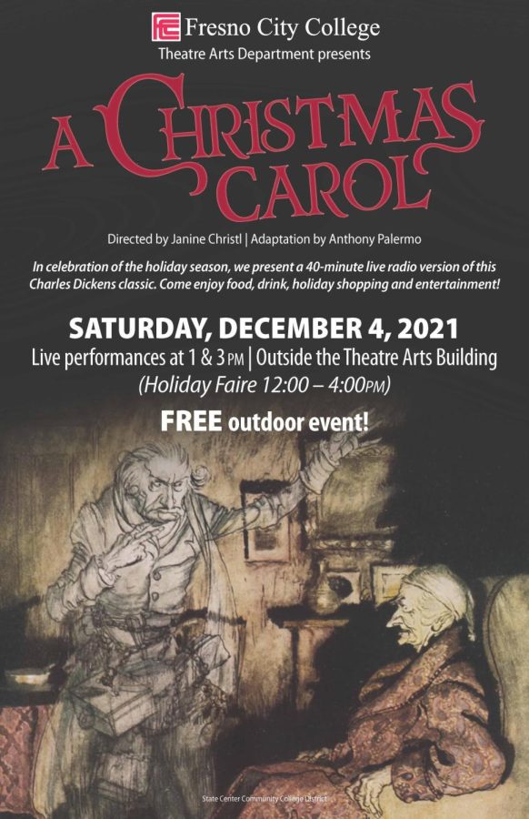 Flyer detailing Fresno City College theatre department's holiday faire. Image courtesy of FCC theatre department