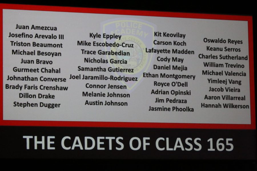 A list of all 36 cadets was displayed on the main screen at the police academy graduation ceremony. 