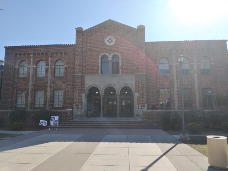 Fresno City College Library with  students entering. 