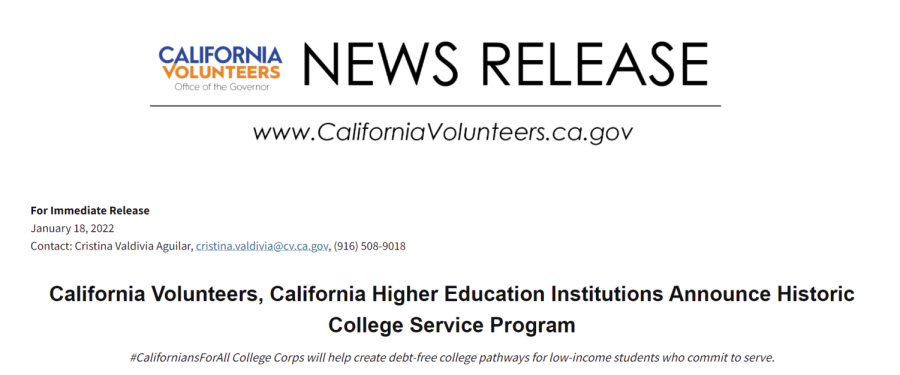 Press Release from California Volunteer website.