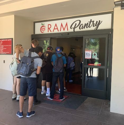 Students waiting in line at the Ram Pantry. 