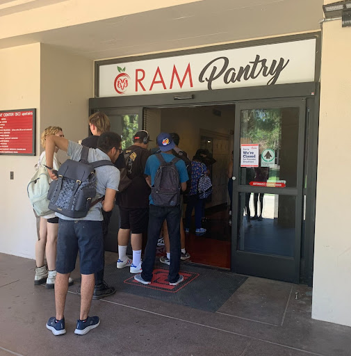 Students waiting in line at the Ram Pantry.