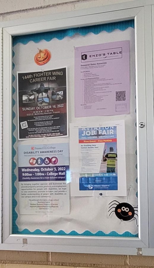 Bulletin board inside  the Cafeteria where students can see hiring opportunity flyers from different departments at FCC. 