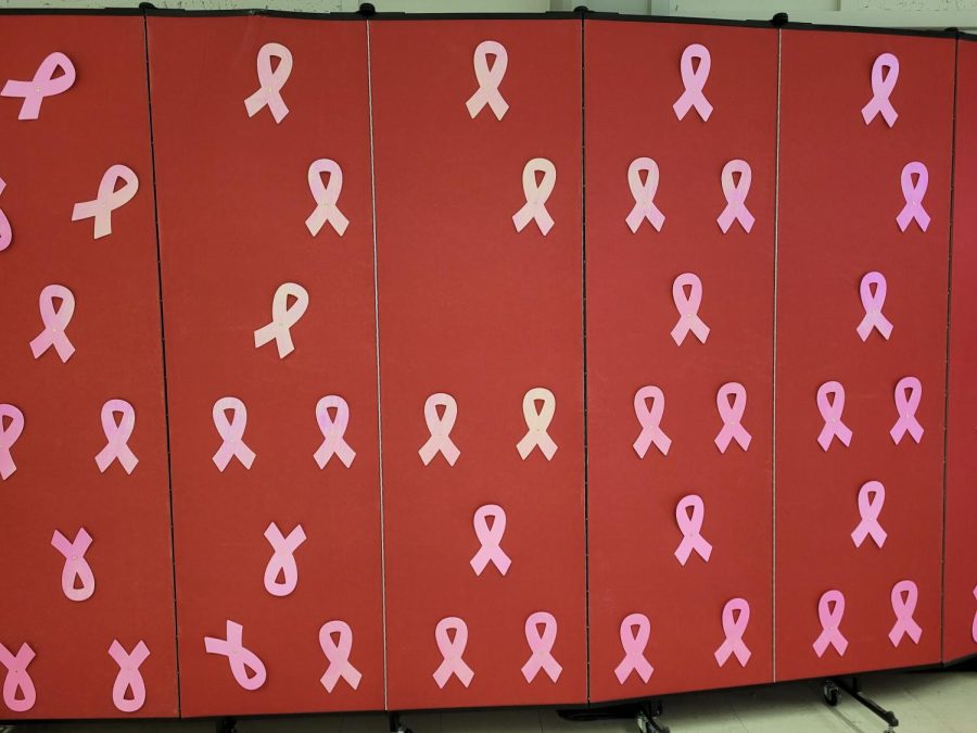 Board+of+pink+ribbons+along+the+FCC+Cafeteria+wall+to+support+the+survivors%2C+fighters+and+those+who+lost+their+battle+to+breast+cancer.+++