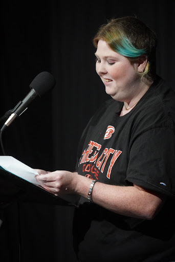 Christine, a FCC student, performing her poem at LitHop at the Labyrinth Art Collective on Oct. 15. 
