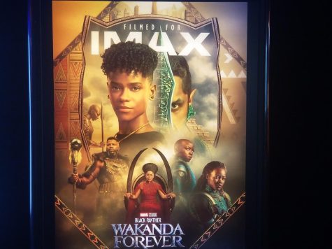Black Panther: Wakanda Forever movie poster located inside IMAX Theatres that features seven of the films main characters. 
