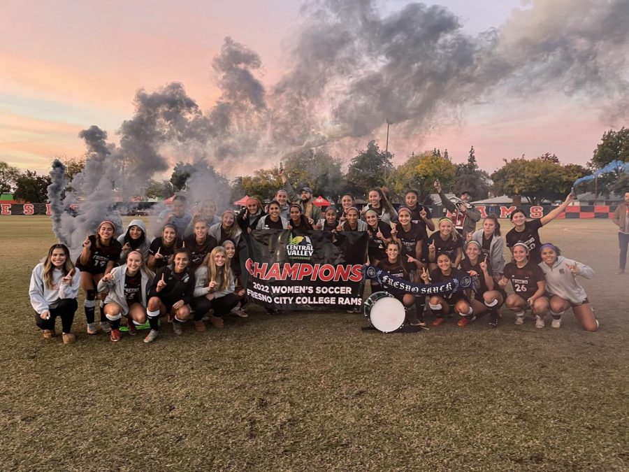 FCCs womens soccer team posing with their Central Valley Conference championship banner after defeating West Hills College Lemoore 6-0 in their final regular season game on Nov. 11.
