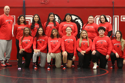 The 2023 Fresno City College Women’s Wrestling Team at FCC's Gym where they train Tuesdays and Thursdays at 3:30 p.m. Paul Keysaw at the top left and Gracie Figueroa on the top right.