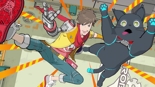 Player character Chai (left) and robot cat companion 808 during an in-game cutscene.